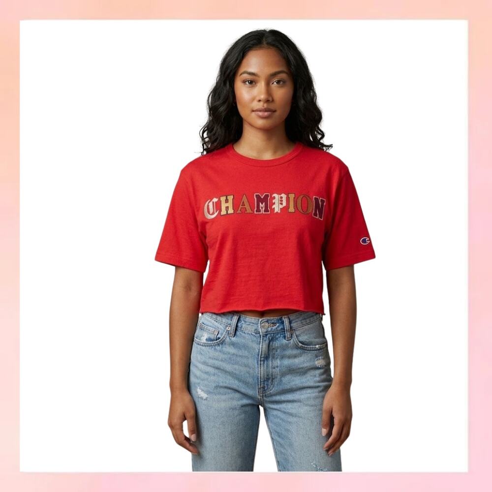 CHAMPION Red Crop Top Graphic Tee Old English Logo Raw Hem Short Sleeve Size S